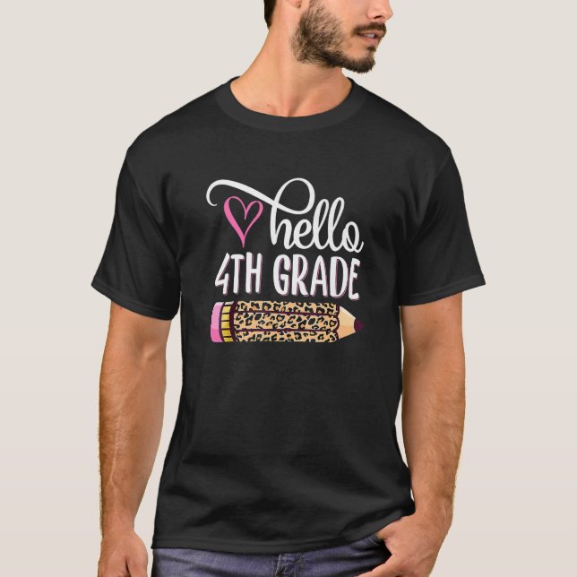 Hello 4th Grade Leopard Pencil  Cute Teachers Kids T-Shirt (Front)