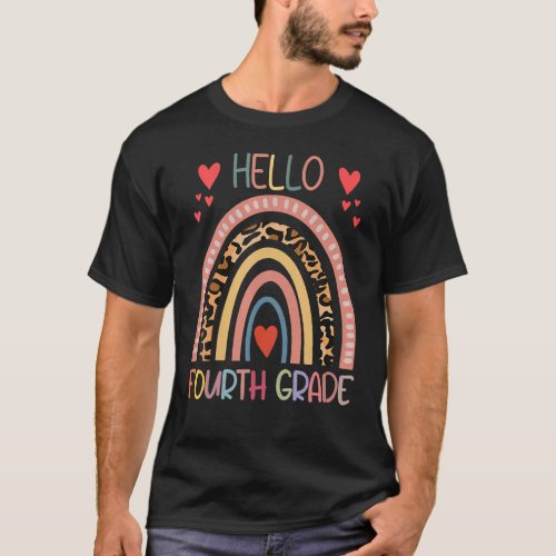 Hello 4th Grade Leopard Rainbow First Day Back To  T_Shirt