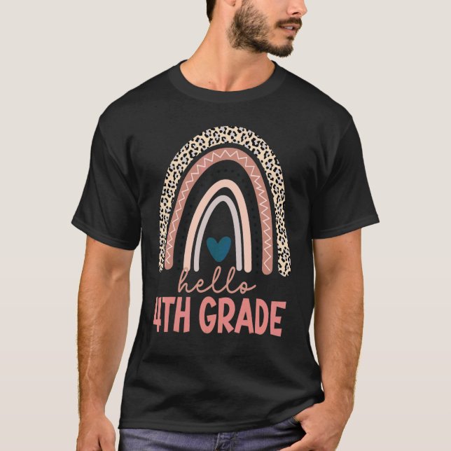 Hello 4th Grade Teacher Leopard Rainbow Back To Sc T-Shirt (Front)