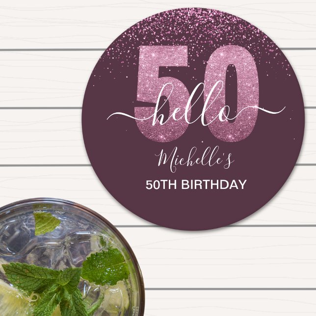 Hello 50! -50th Birthday with Pink glitter Round Paper Coaster (Creator Uploaded)