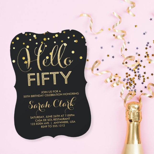 Hello 50 Black Gold Confetti 50th Birthday Invitation