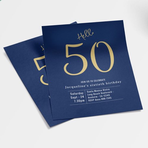 Hello 50 Blue Gold Budget 50th Birthday Invitation Flyer