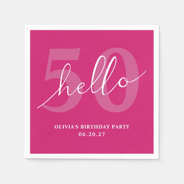 Hello 50 | Bold Hot Pink 50th Birthday Custom Napkins (Front)