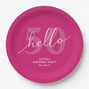 Hello 50   Bold Hot Pink 50th Birthday Custom Paper Plates