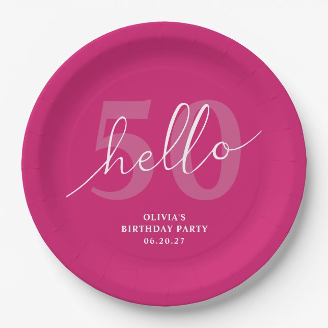 Hello 50 | Bold Hot Pink 50th Birthday Custom Paper Plates (Front)