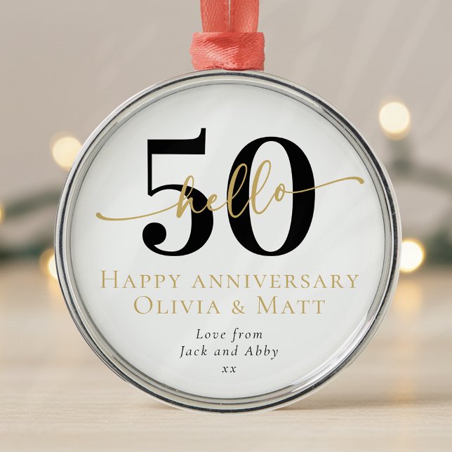 Hello 50 Fiftieth Anniversary Gift Milestone Metal Ornament (Creator Uploaded)