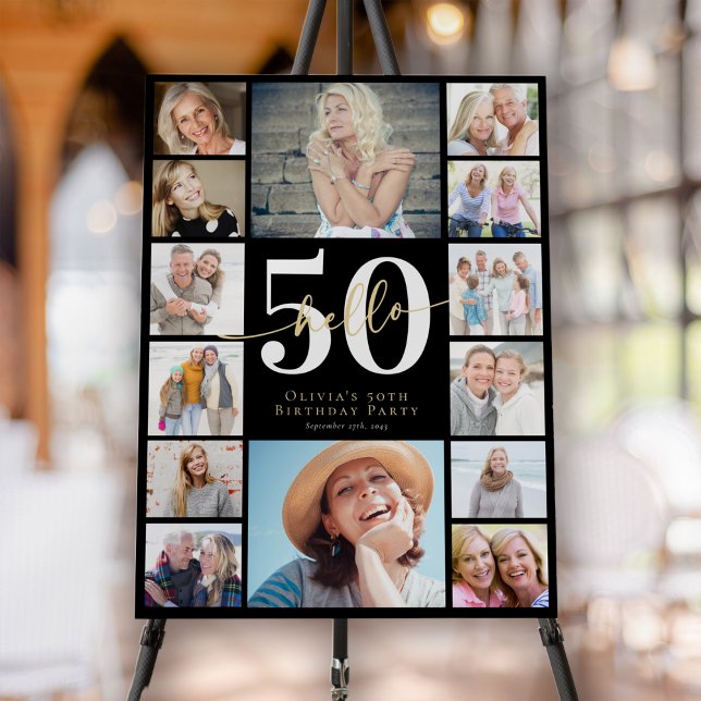 Hello 50 Fiftieth Birthday Photo Collage Welcome Foam Board (Creator Uploaded)
