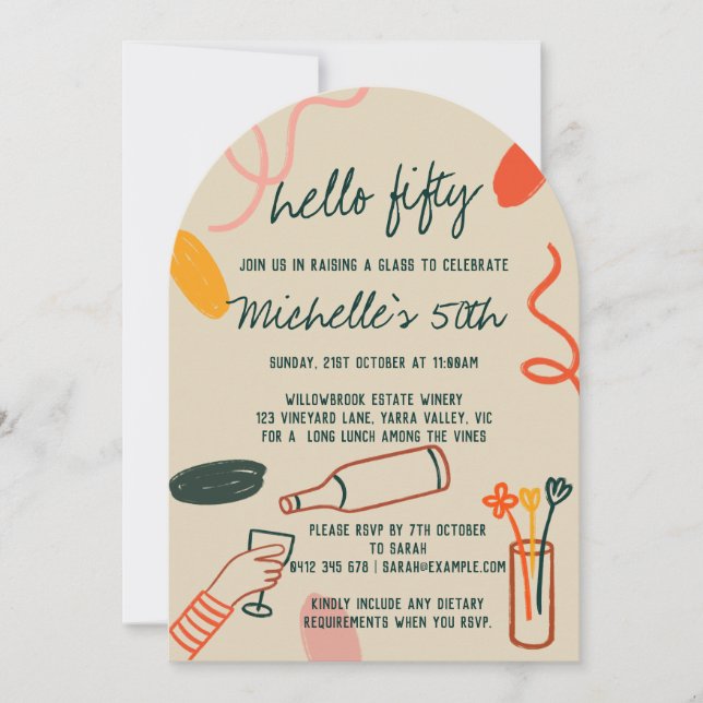 Hello 50 Fifty 50th Winery Lunch Birthday Invitation (Front)