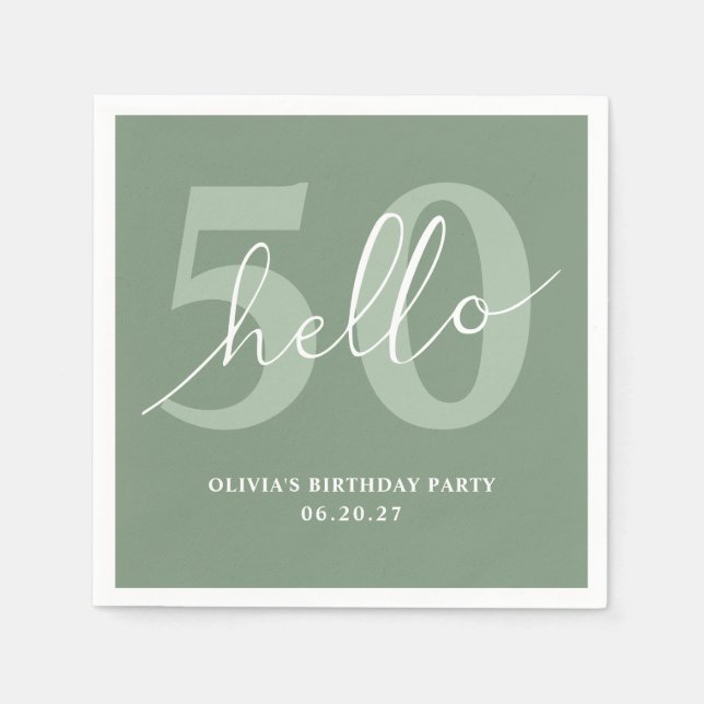 Hello 50 | Minimal Modern Sage Green 50th Birthday Napkins (Front)