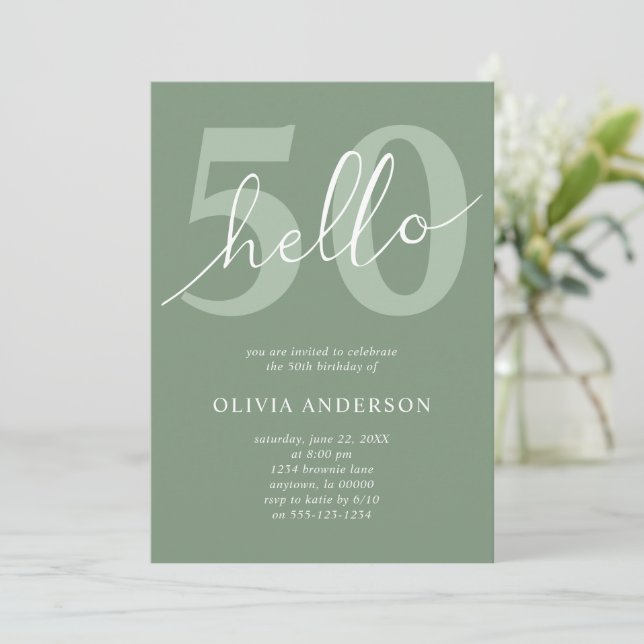 Hello 50 | Minimal Sage Green 50th Birthday Party Invitation (Standing Front)