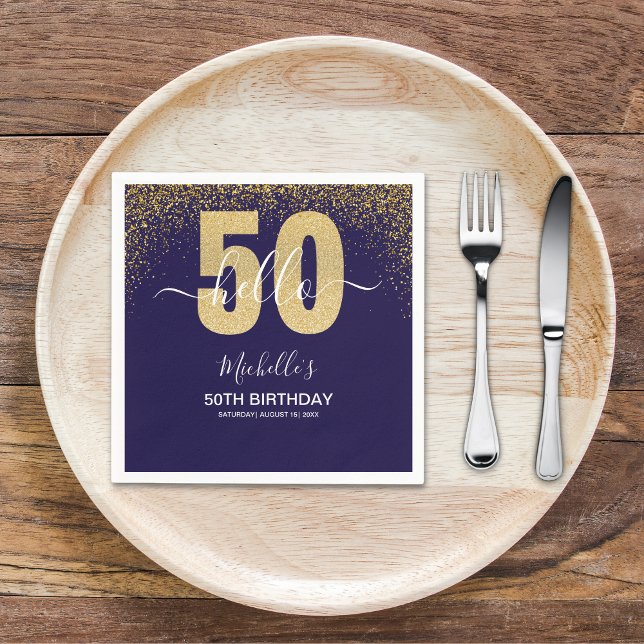Hello 50! - Modern 50th Birthday with Gold glitter Napkins (Creator Uploaded)