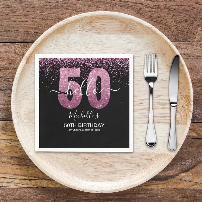 Hello 50! - Modern 50th Birthday with Pink glitter Napkins (Creator Uploaded)