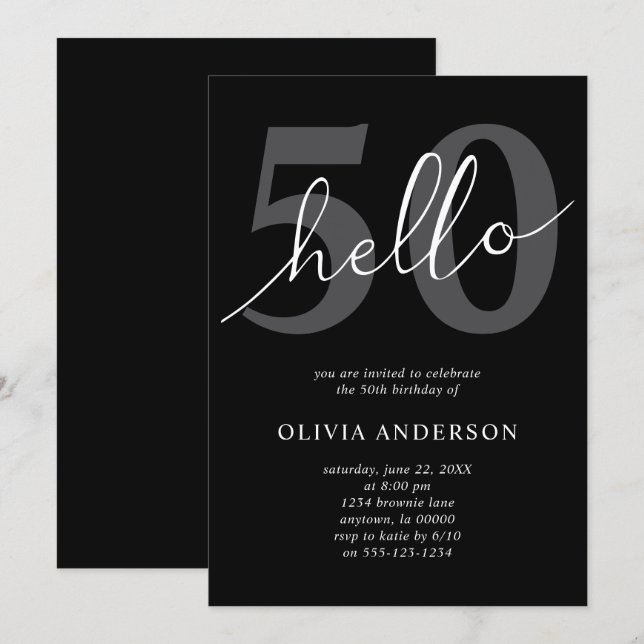 Hello 50 | Modern Chic Black 50th Birthday Party Invitation (Front/Back)
