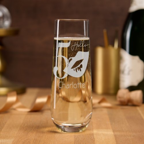 Hello 50 Modern Fiftieth Birthday Personalized Stemless Champagne Flute