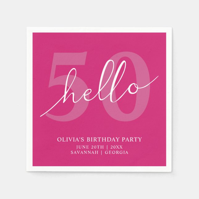 Hello 50 | Modern Hot Pink 50th Birthday Custom Napkins (Front)