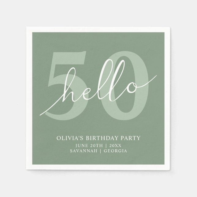 Hello 50 | Modern Simple Sage Green 50th Birthday  Napkins (Front)