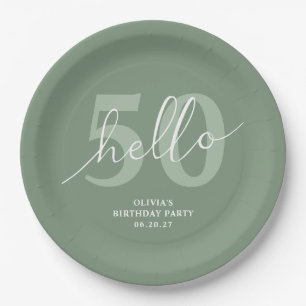 Hello 50 Modern Simple Sage Green 50th Birthday Paper Plates