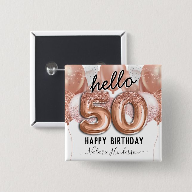 Hello 50 Pink Glitter Birthday Balloons Button (Front & Back)