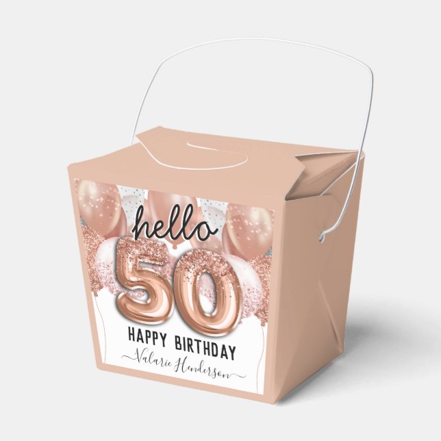 Hello 50 Pink Glitter Birthday Balloons Favor Box (Front Side)
