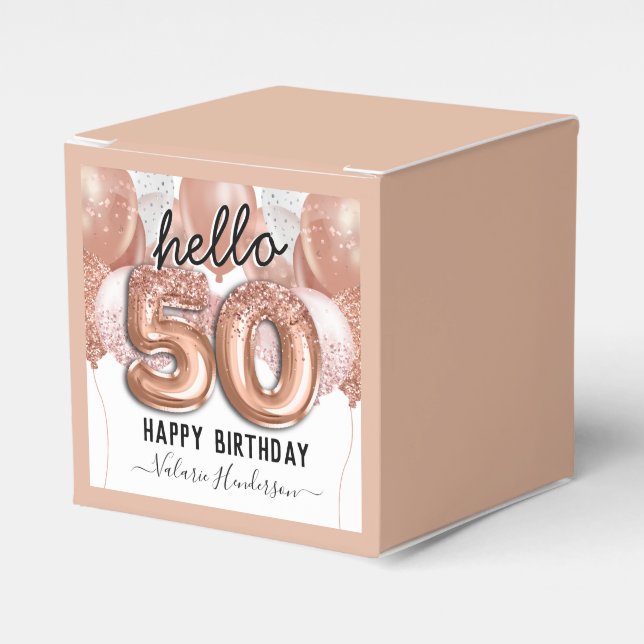 Hello 50 Pink Glitter Birthday Balloons Favor Boxes (Front Side)