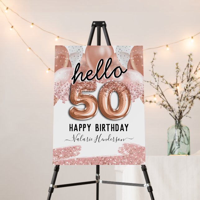 Hello 50 Pink Glitter Birthday Balloons Foam Board (In Situ (Stand))