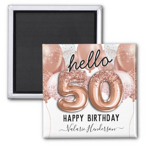 Hello 50 Pink Glitter Birthday Balloons Magnet