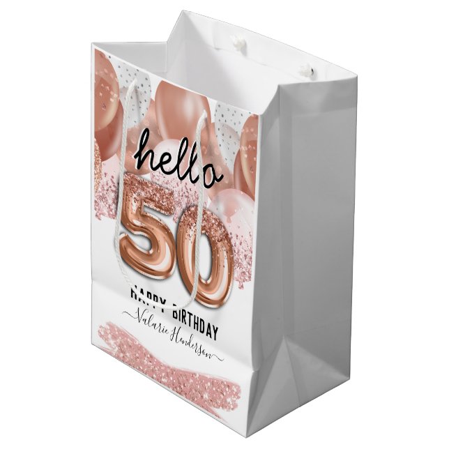 Hello 50 Pink Glitter Birthday Balloons Medium Gift Bag (Front Angled)