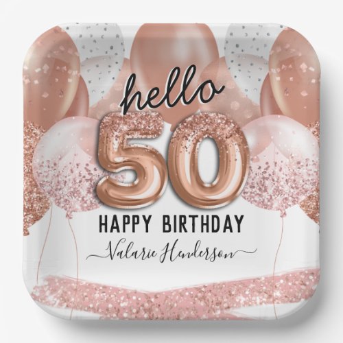 Hello 50 Pink Glitter Birthday Balloons Paper Plates