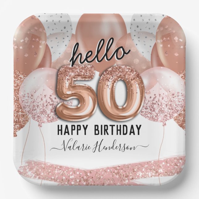 Hello 50 Pink Glitter Birthday Balloons Paper Plates (Front)