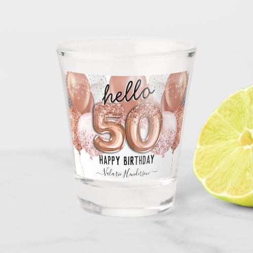 Hello 50 Pink Glitter Birthday Balloons Shot Glass