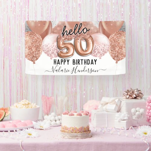 Hello 50 Pink Glitter Birthday Balloons Sign