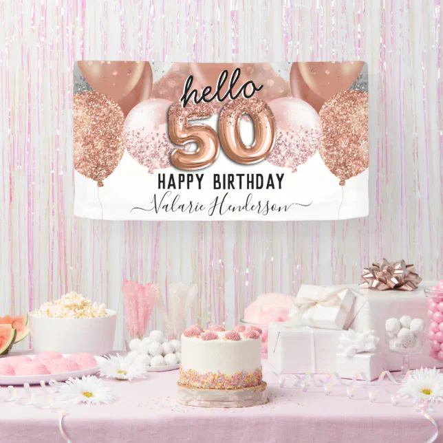 Hello 50 Pink Glitter Birthday Balloons Sign | Zazzle