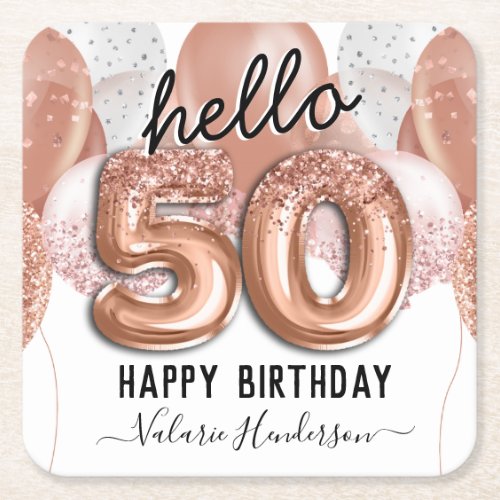 Hello 50 Pink Glitter Birthday Balloons Square Paper Coaster