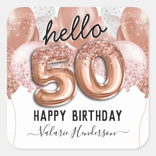 Hello 50 Pink Glitter Birthday Balloons Square Sticker