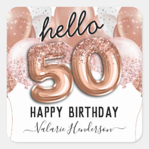 Hello 50 Pink Glitter Birthday Balloons Square Sticker
