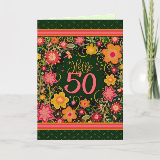 Hello 50 Pretty Floral Fun Birthday Inspirivity Card (Front)