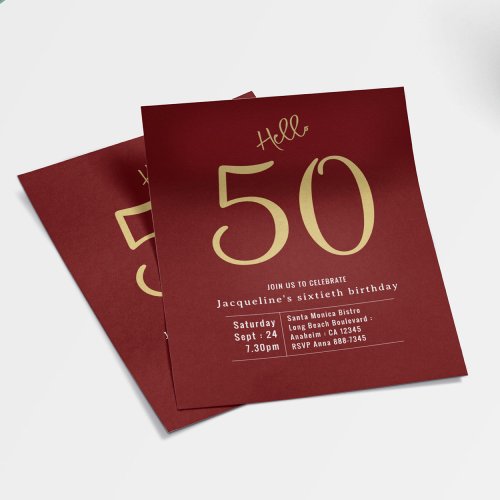 Hello 50 Red Gold Budget 50th Birthday Invitation Flyer
