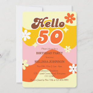 Hello 50 Retro Wave Groovy Flower Birthday  Invitation