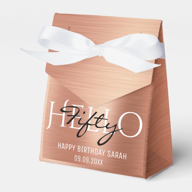 Hello 50th Birthday Elegant Calligraphy Rose Gold  Favor Boxes (Front Side)