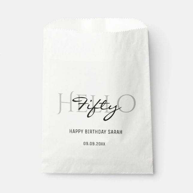 Hello 50th Birthday Elegant White Calligraphy Favor Bag (Front)