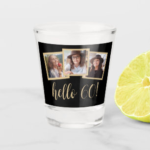 Hello 60 3-Photo Black Gold Script Birthday Shot Glass