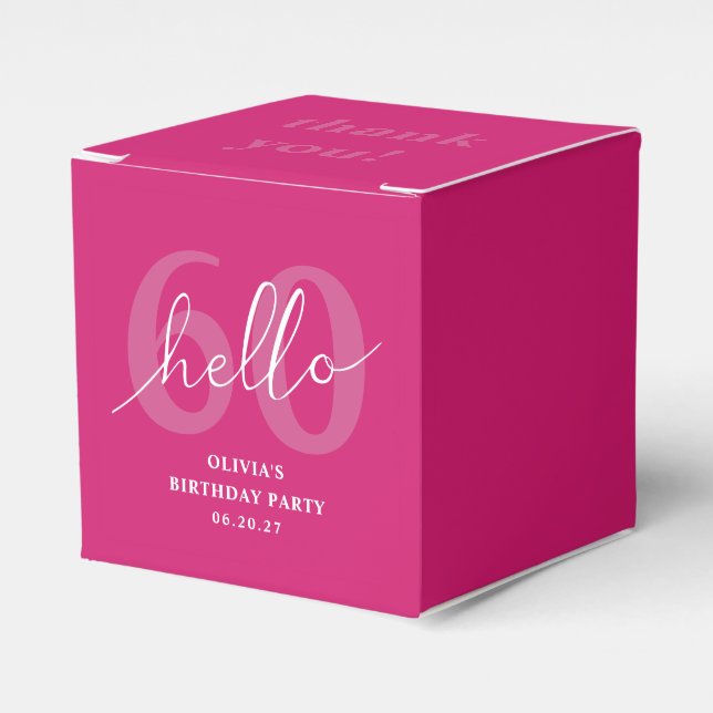 Hello 60 Modern Simple Hot Pink 60th Birthday Favor Boxes (Front Side)