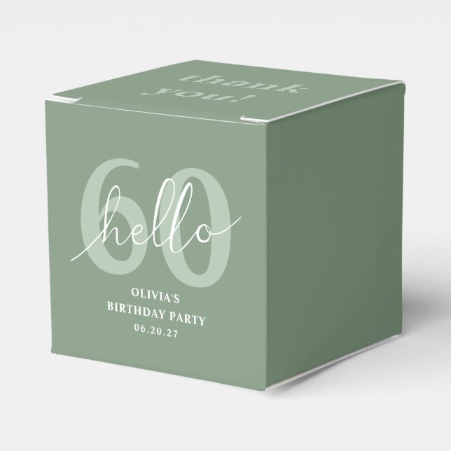 Hello 60 Modern Simple Sage Green 60th Birthday Favor Boxes (Front Side)