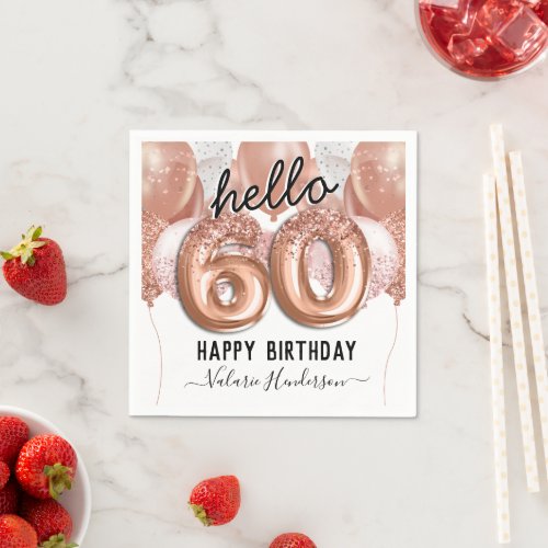 Hello 60 Pink Glitter Birthday Balloons Napkins