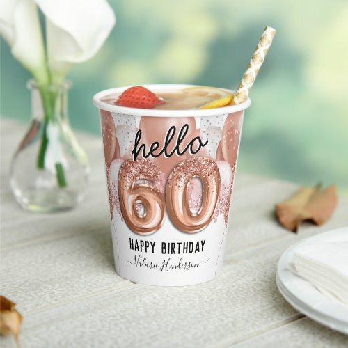 Hello 60 Pink Glitter Birthday Balloons Paper Cups