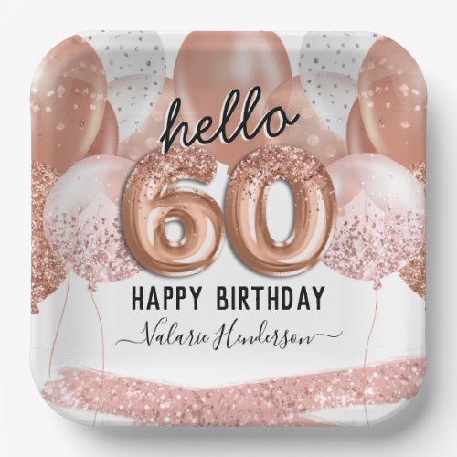 Hello 60 Pink Glitter Birthday Balloons Paper Plat Paper Plates