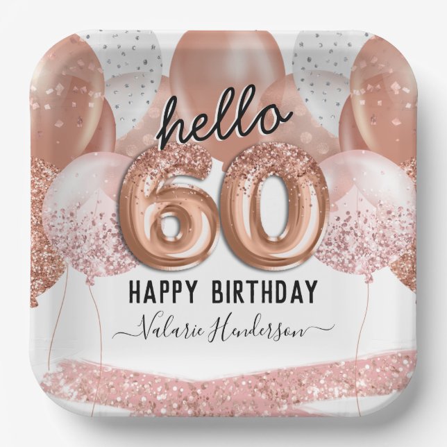 Hello 60 Pink Glitter Birthday Balloons Paper Plat Paper Plates (Front)