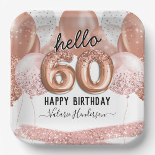 Hello 60 Pink Glitter Birthday Balloons Paper Plat Plates