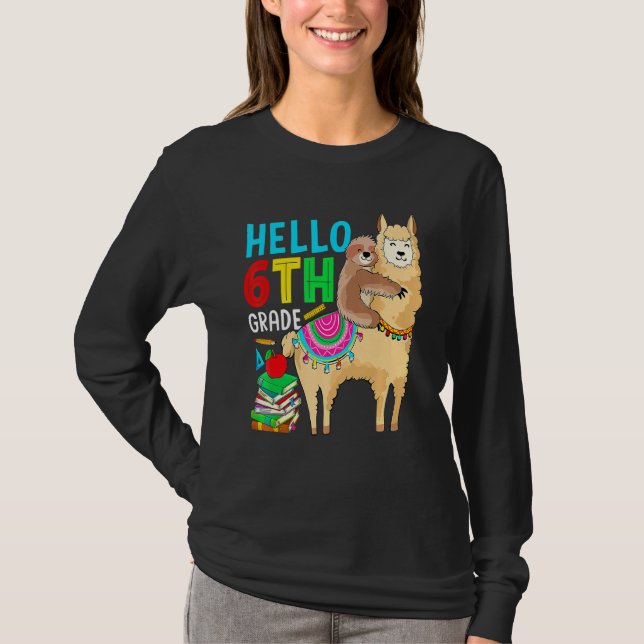 Hello 6th Grade Sloth Riding Llama Back To School T-Shirt (Front)