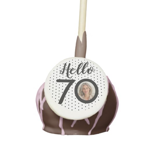 Hello 70 Black & White Dots Photo Birthday Cake Pops (Front)
